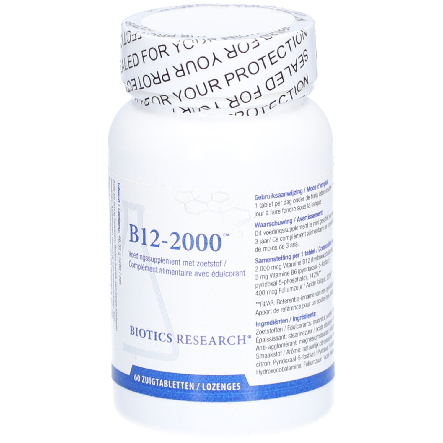 Weiße Flasche B12-2000™ von BIOTICS RESEARCH®. Aufschrift: 60 Lutschtabletten. Text in mehreren Sprachen.