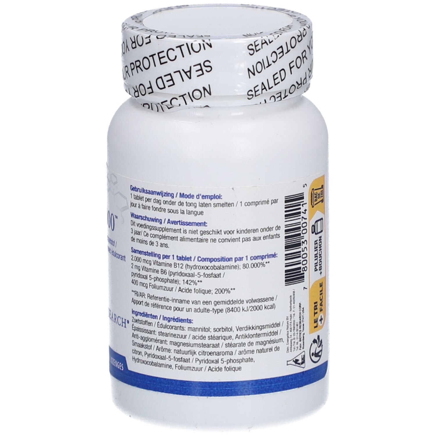 Rückseite der weißen Flasche B12-2000™ von BIOTICS RESEARCH®. Text in mehreren Sprachen. 60 Tabletten.