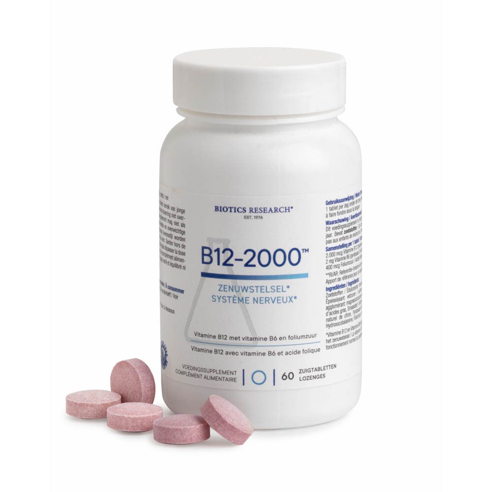 Weiße Flasche mit B12-2000™-Tabletten und rosa Tabletten daneben. 60 Tabletten.
