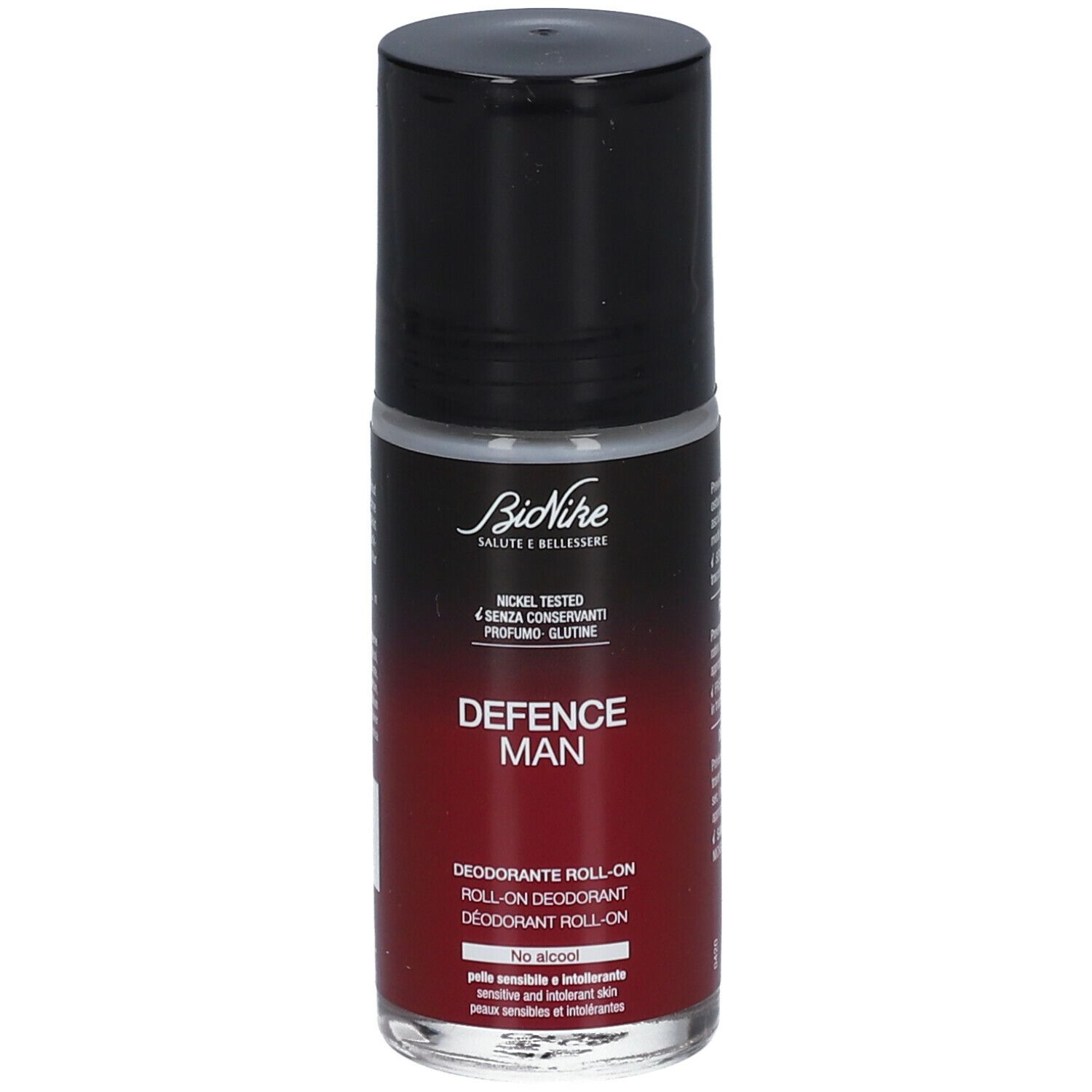 Deodorant Roll-On mit schwarzem Deckel. Marke BioNike, Schriftzug DEFENCE MAN. Roter Farbverlauf.