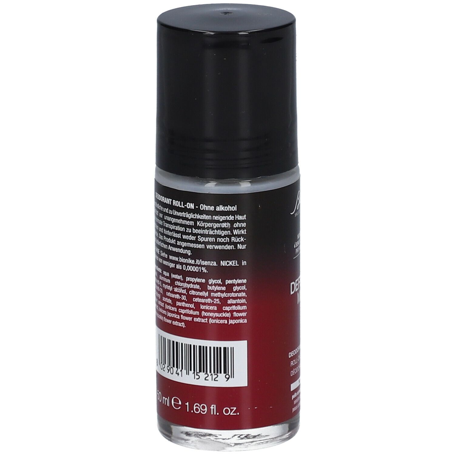 Deodorant Roll-On, Rückseite. Schwarzer Deckel, rote Schrift und Text. Inhaltsstoffe und Informationen.