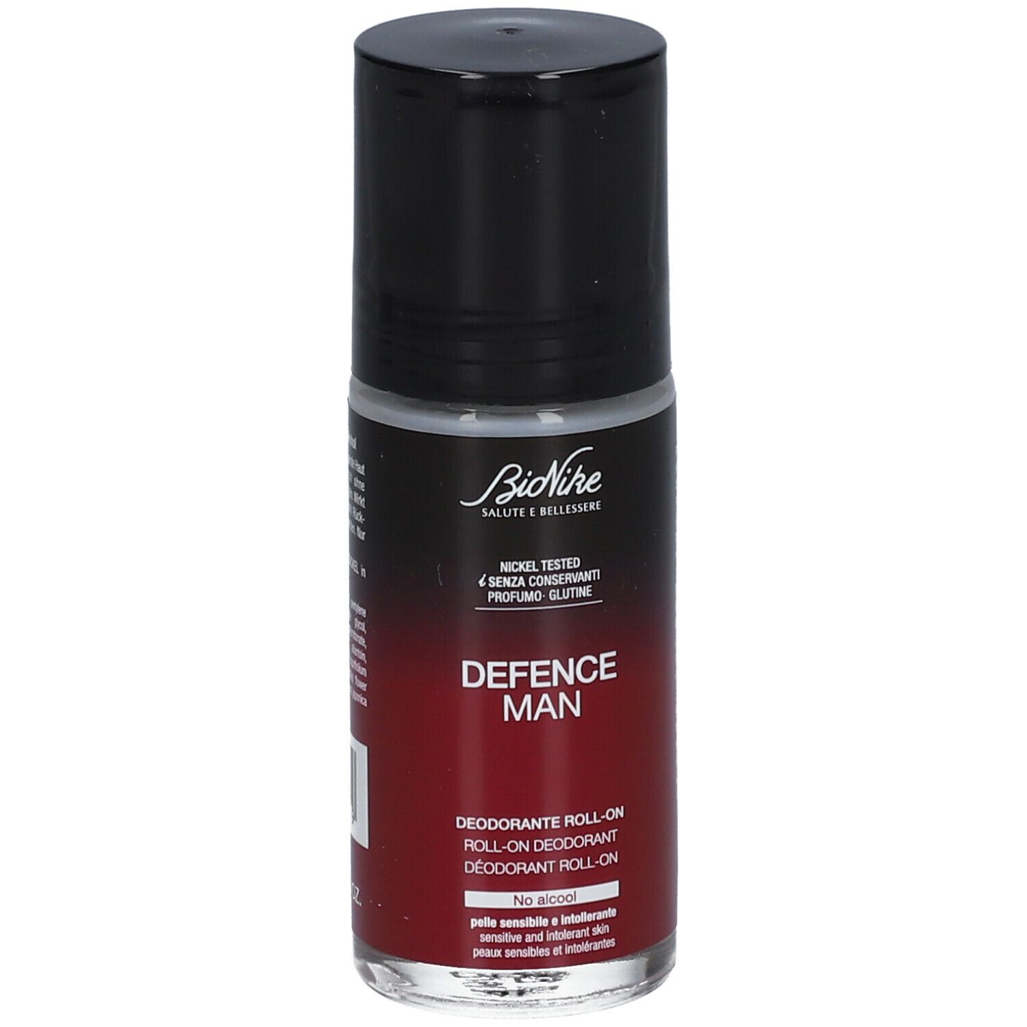 Deodorant Roll-On mit schwarzem Deckel. Marke BioNike, Schriftzug DEFENCE MAN. Roter Farbverlauf.