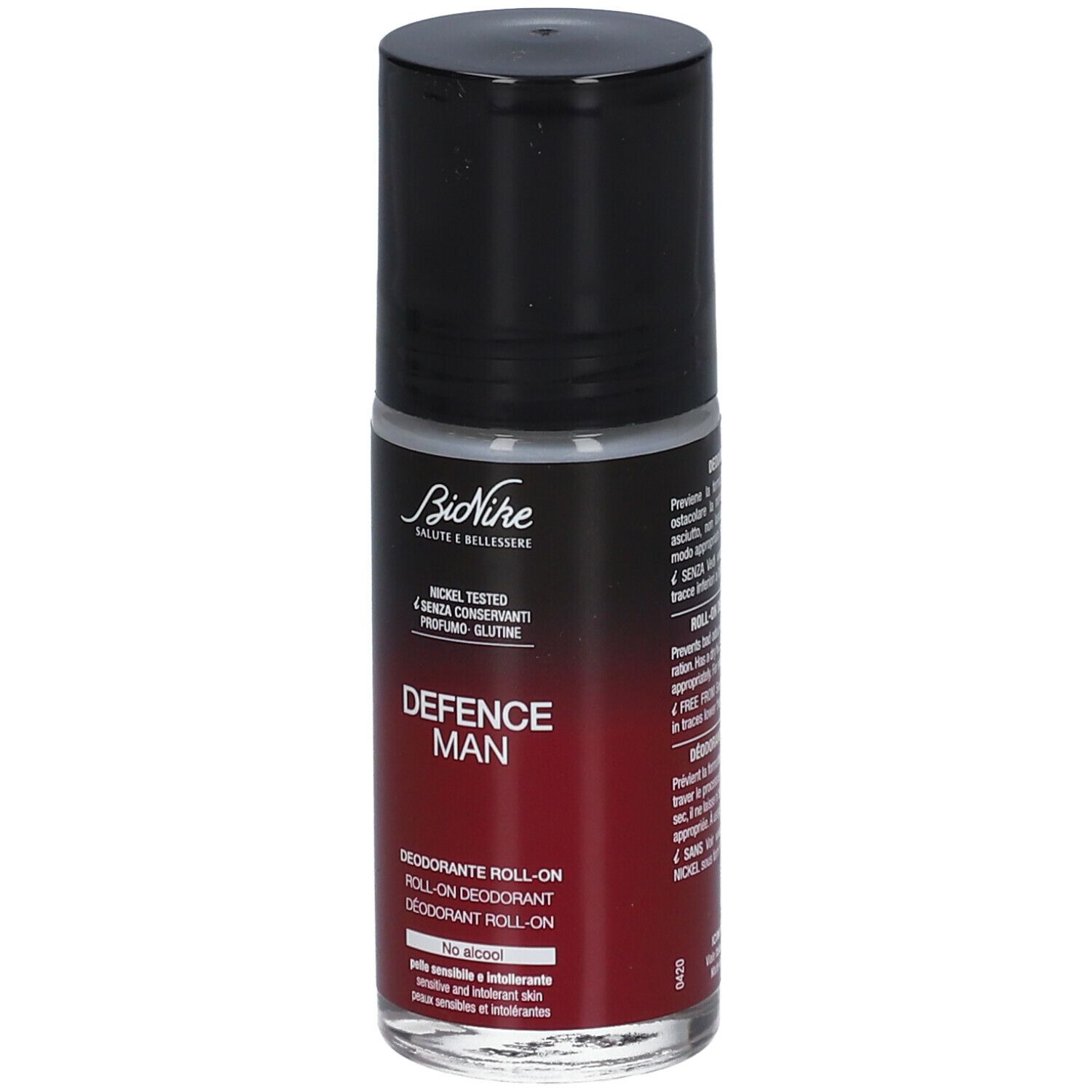 Deodorant Roll-On mit schwarzem Deckel. Marke BioNike, Schriftzug DEFENCE MAN. Roter Farbverlauf.