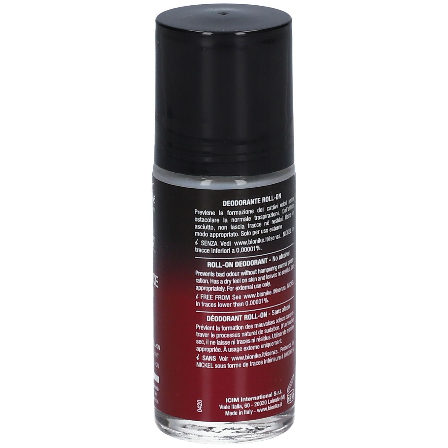 Deodorant Roll-On, Rückseite. Schwarzer Deckel, rote Schrift und Text. Inhaltsstoffe und Informationen.
