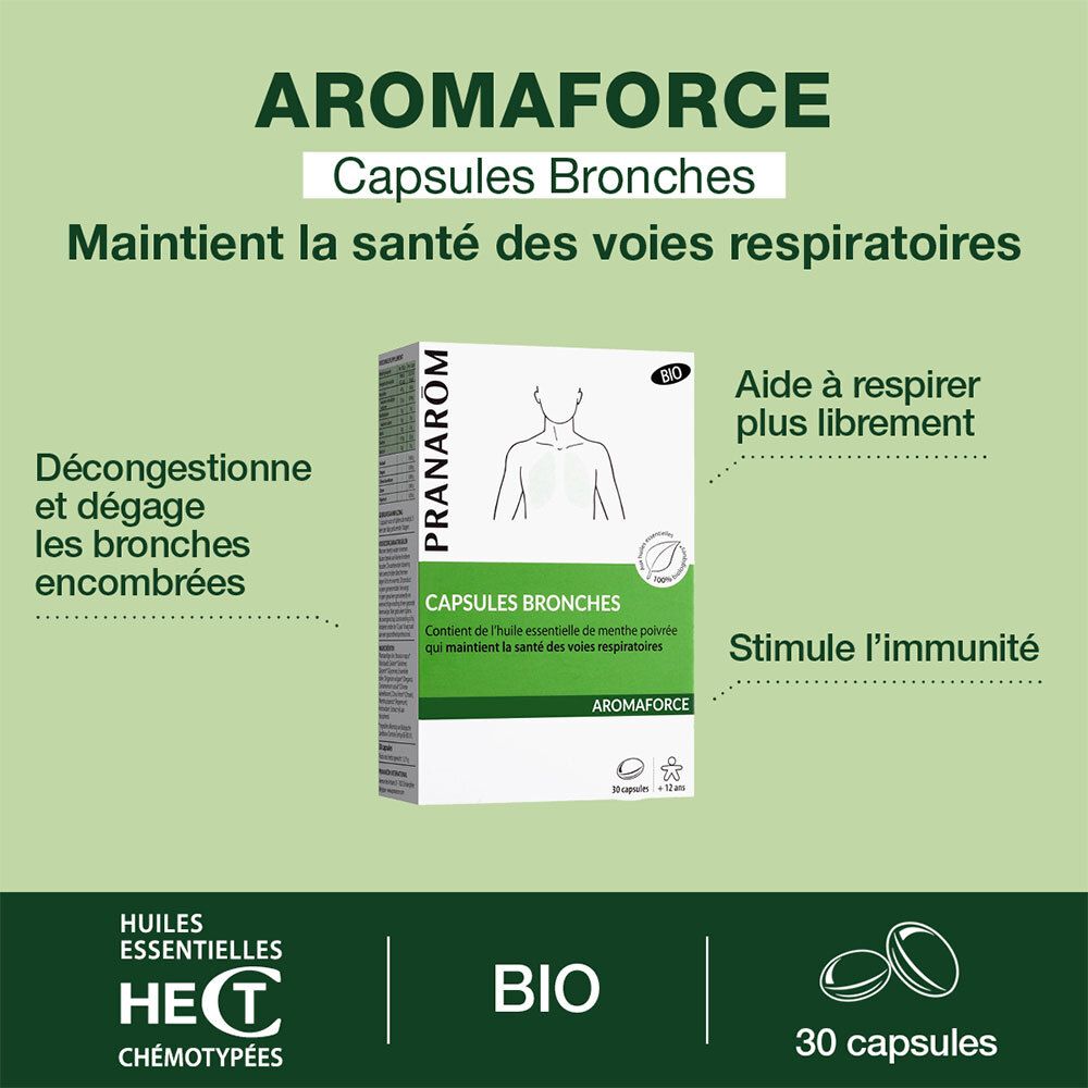 Aromaforce Capsules Bronches. Fördert die Gesundheit der Atemwege. 30 Kapseln. BIO-Zertifizierung.