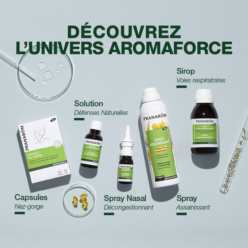 Entdecken Sie das Aromaforce-Universum. Kapseln, Nasenspray, Spray, Sirup. Für natürliche Abwehrkräfte.