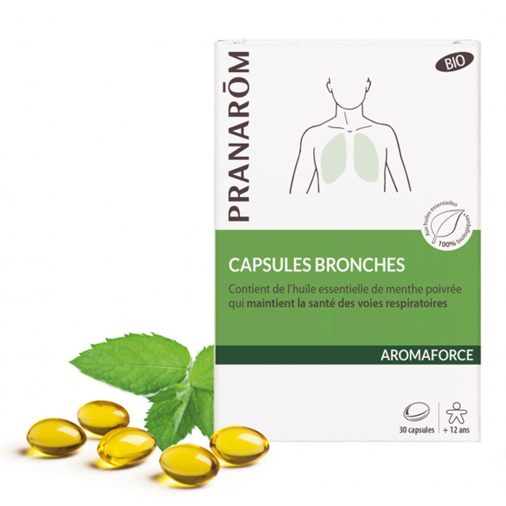 PRANARÔM - Aromaforce - Capsules Bronches - Compléments Alimentaires Aux Huiles Essentielles - Menthe Poivrée - Bon pour des voies respiratoires saines - 100% Bio - 30 Capsules