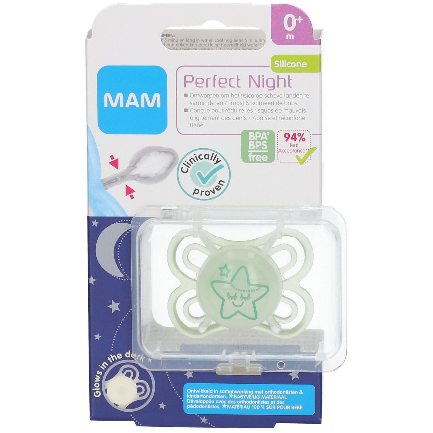 MAM Perfect Night Sucette silicone 0-6 mois (Couleur non sélectionnable)