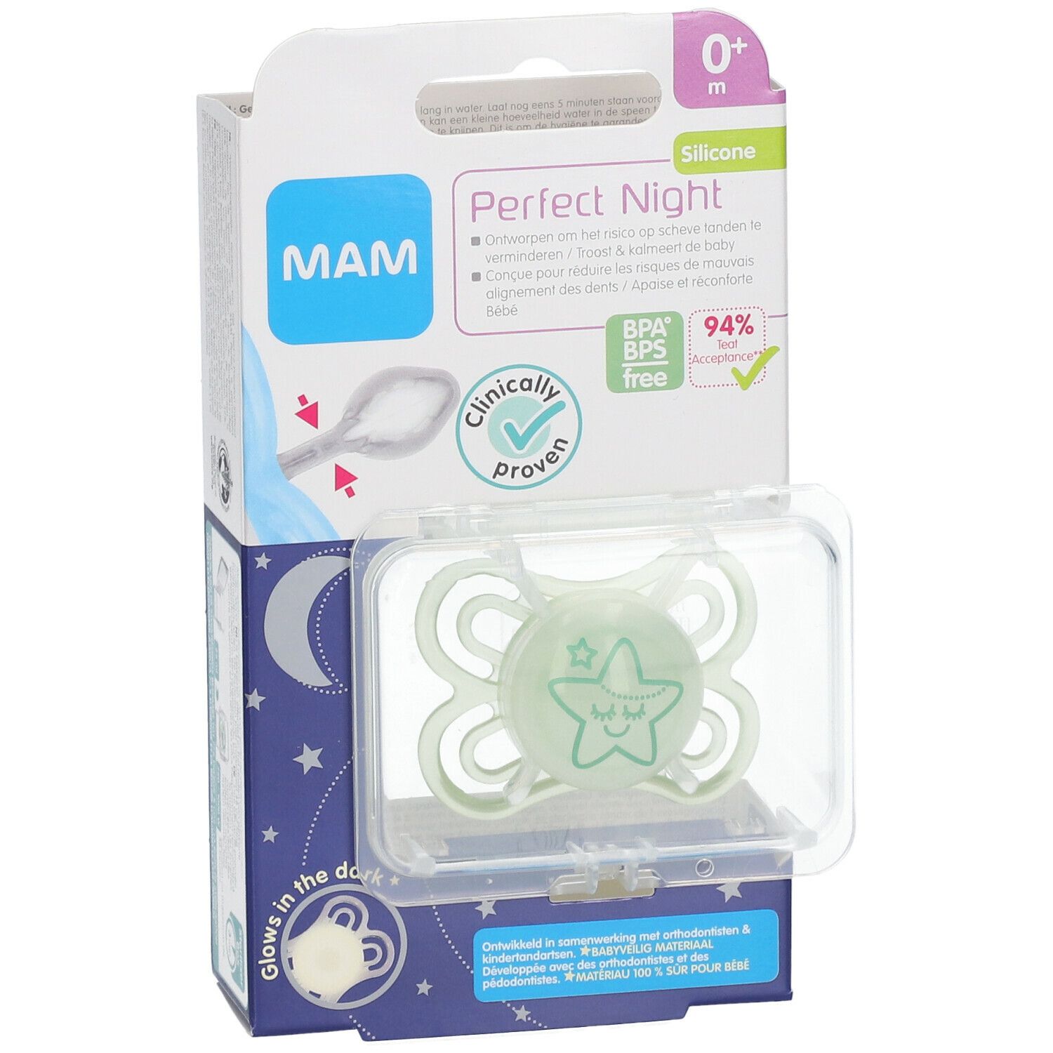 MAM Perfect Night Sucette silicone 0-6 mois (Couleur non sélectionnable)