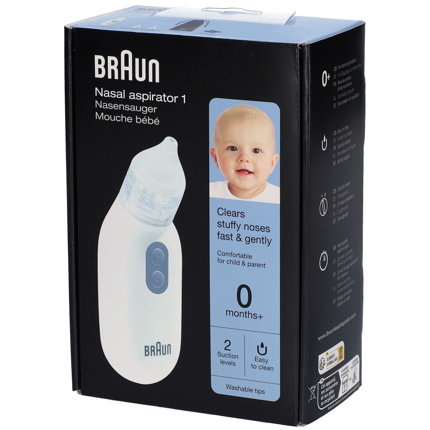 Boîte du Braun Nasensauger. Aspirateur nasal blanc. Photo de bébé et texte: 0 mois+, 2 niveaux d'aspiration, facile à nettoyer.