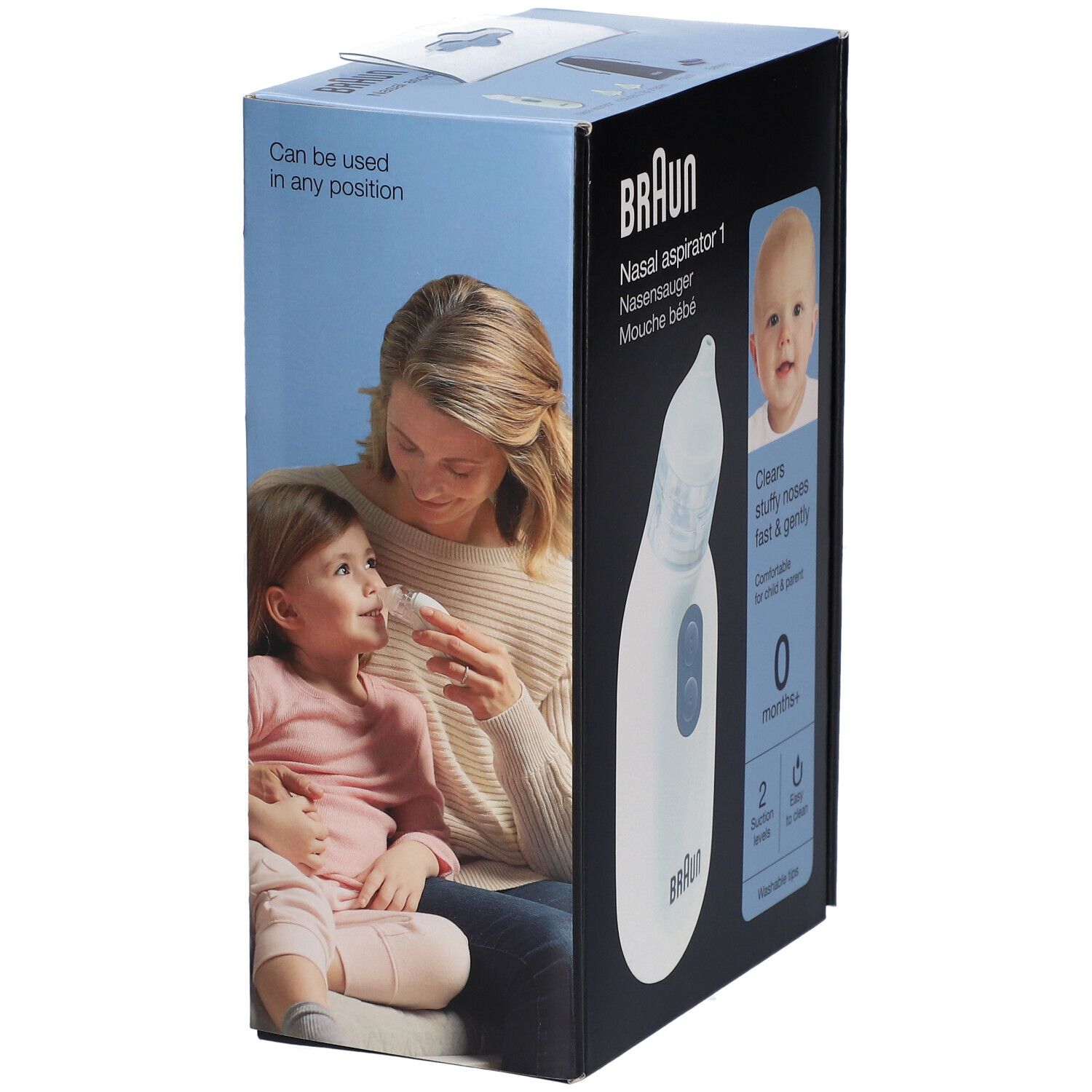 Boîte Braun Nasensauger. Mère et enfant utilisant l'appareil. Produit sur la boîte. Texte: 0 mois+, 2 niveaux d'aspiration, facile à nettoyer.