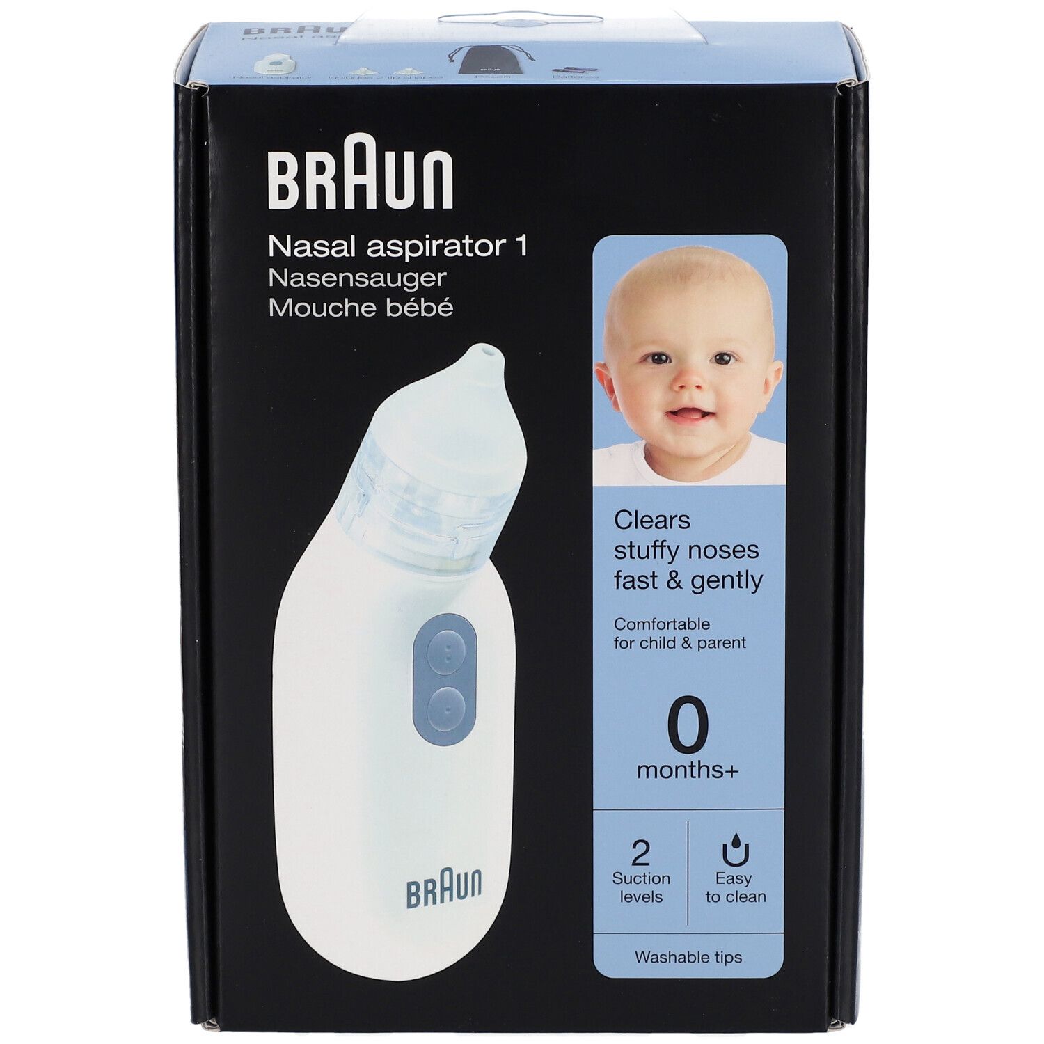 Boîte du Braun Nasensauger. Aspirateur nasal blanc. Photo de bébé et texte: 0 mois+, 2 niveaux d'aspiration, facile à nettoyer.
