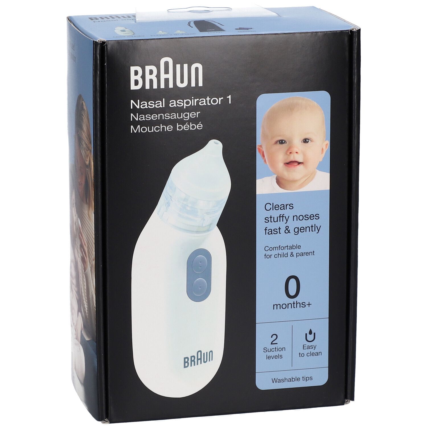 Boîte du Braun Nasensauger. Aspirateur nasal blanc. Photo de bébé et texte: 0 mois+, 2 niveaux d'aspiration, facile à nettoyer.