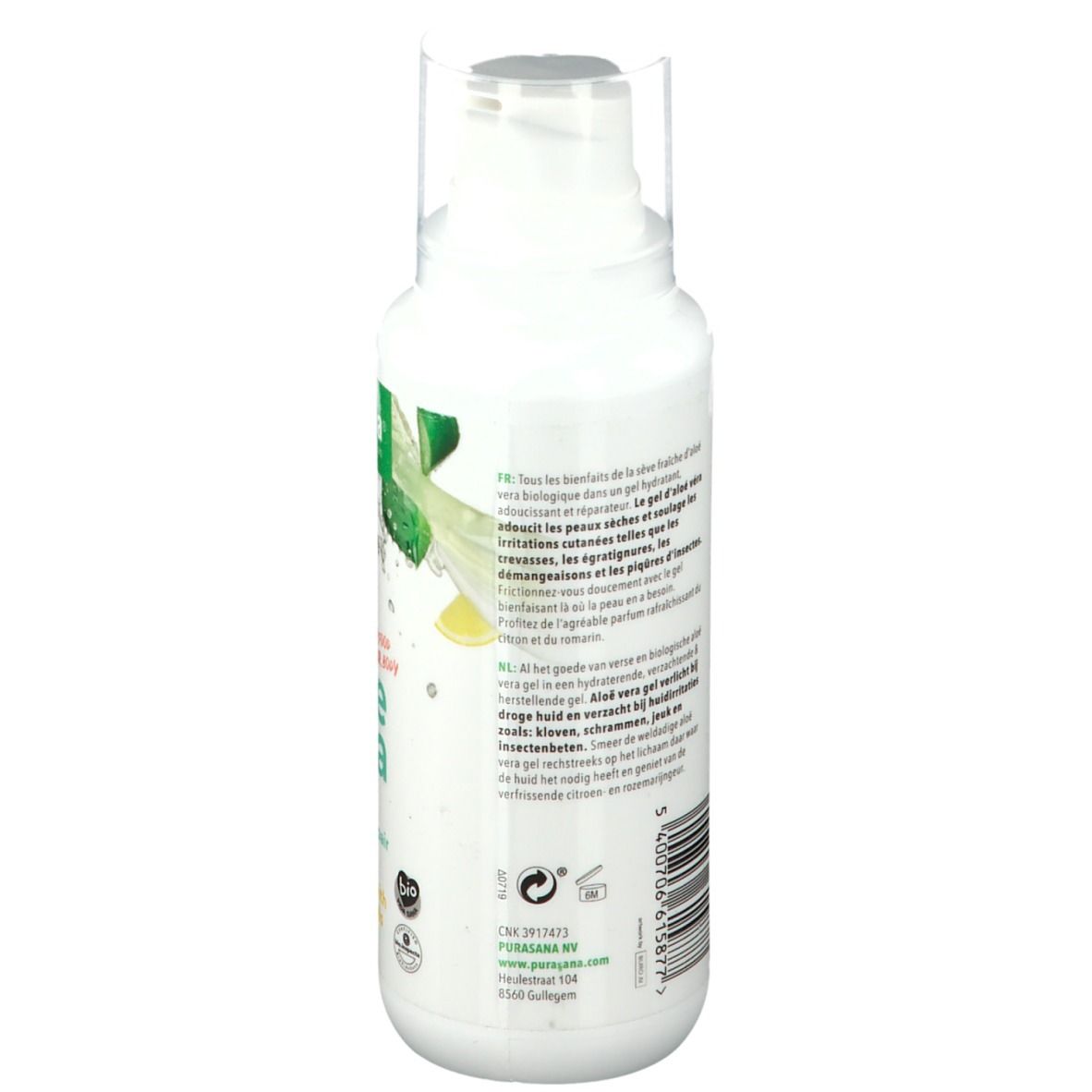 Dos du flacon blanc. Texte multilingue. Inscription: purasana® Gel Aloe Vera. Avec huiles bio.
