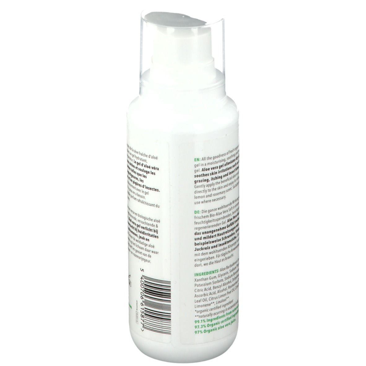 Dos du flacon blanc. Texte multilingue. Inscription: purasana® Gel Aloe Vera. Avec huiles bio.