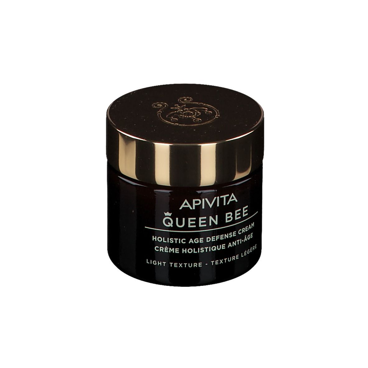 Dunkles Glas mit goldfarbenem Deckel. Aufschrift: APIVITA Queen Bee. Text in Englisch und Französisch.