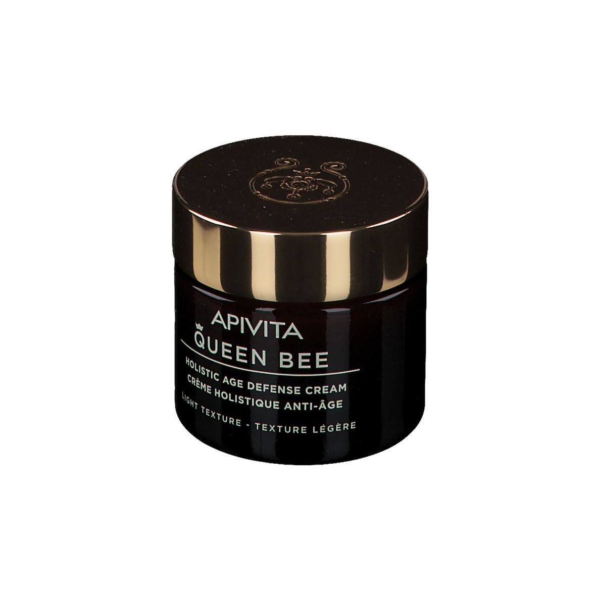 Dunkles Glas mit goldfarbenem Deckel. Aufschrift: APIVITA Queen Bee. Text in Englisch und Französisch.
