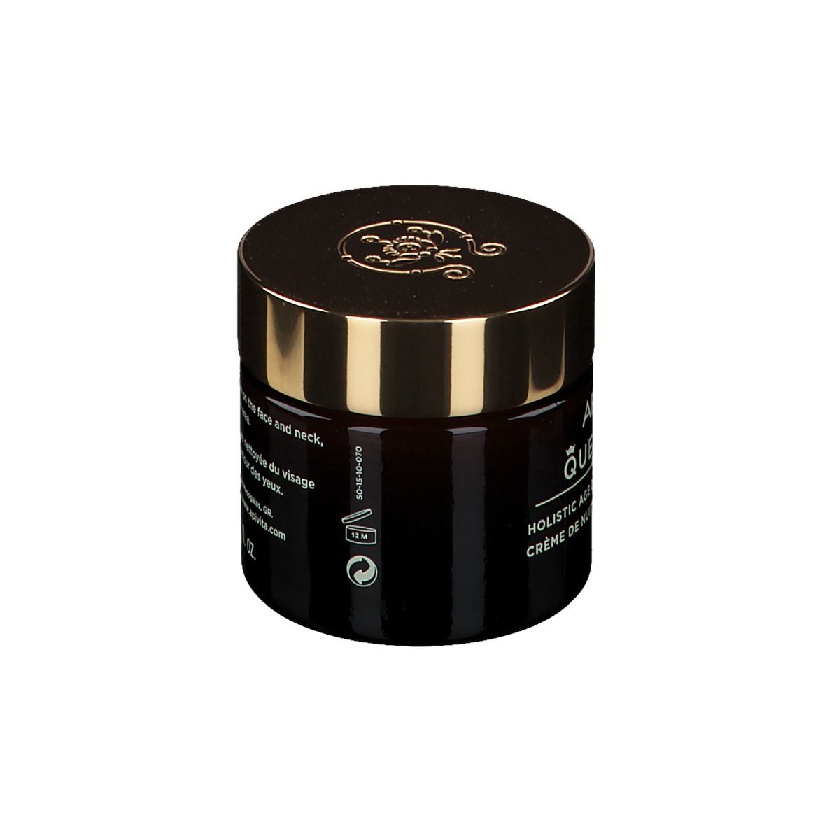 Pot en verre brun foncé avec couvercle doré. Inscription : APIVITA QUEEN BEE, Holistic Age Defense Night Cream.