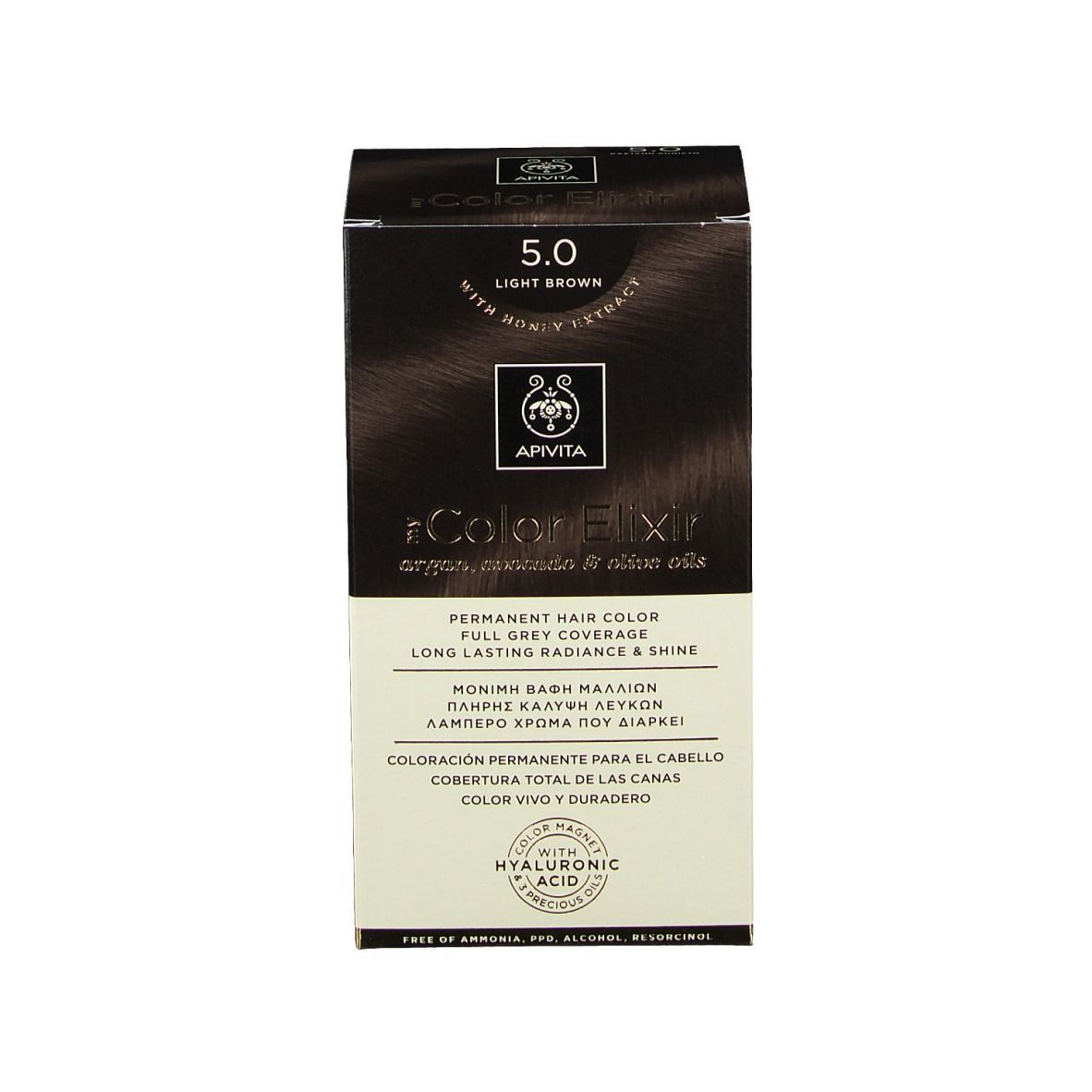 APIVITA Color Elixir Haarfarbe, 5.0 Hellbraun, permanente Coloration mit Hyaluronsäure.