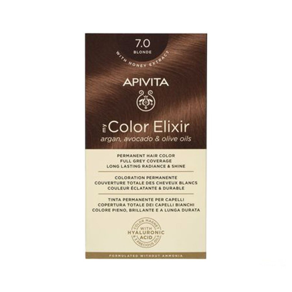 APIVITA Color Elixir 7.0 Blond. Permanente Haarfarbe. Verpackung mit Produktinformationen und Logo.