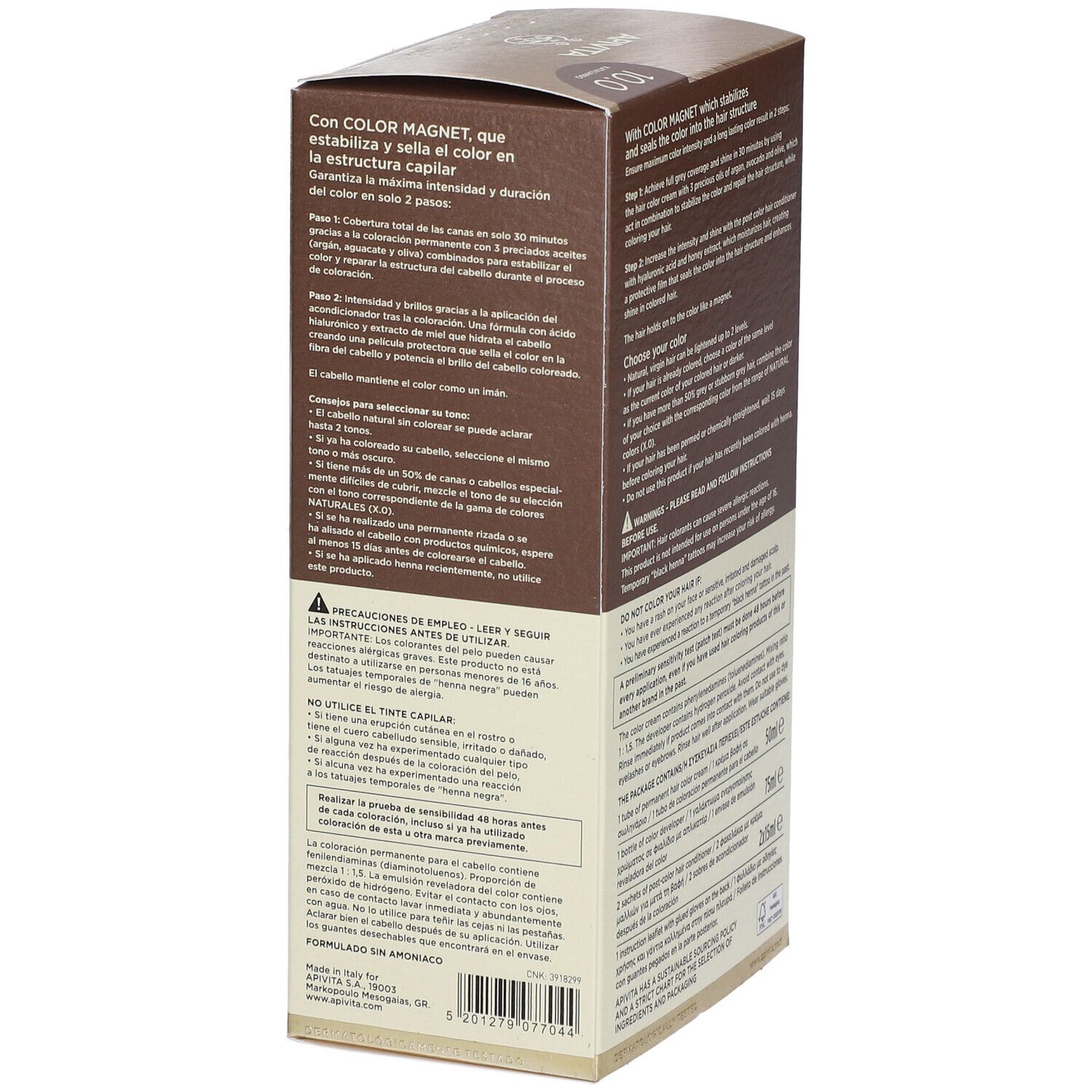 Dos de la boîte APIVITA My Color Elixir 10.0 Blond platine. Informations sur l'utilisation et les ingrédients.