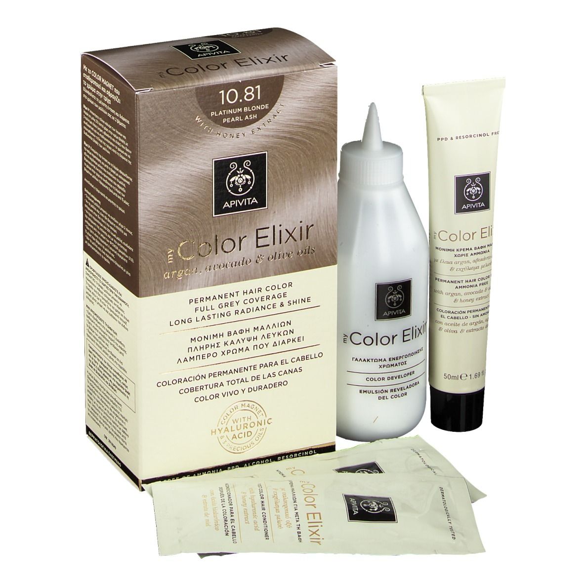 APIVITA iColor Elixir 10.81, coloration permanente. Boîte, flacon applicateur, tube et sachets. Contient de l'acide hyaluronique.