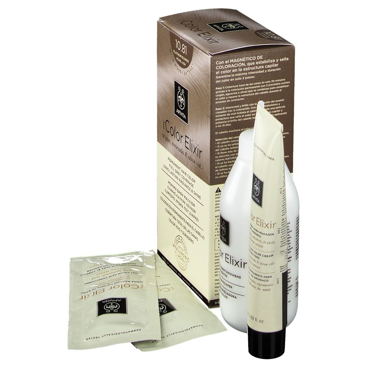 APIVITA iColor Elixir 10.81, coloration permanente. Boîte, flacon, tube et sachets. Informations sur l'utilisation et les ingrédients.