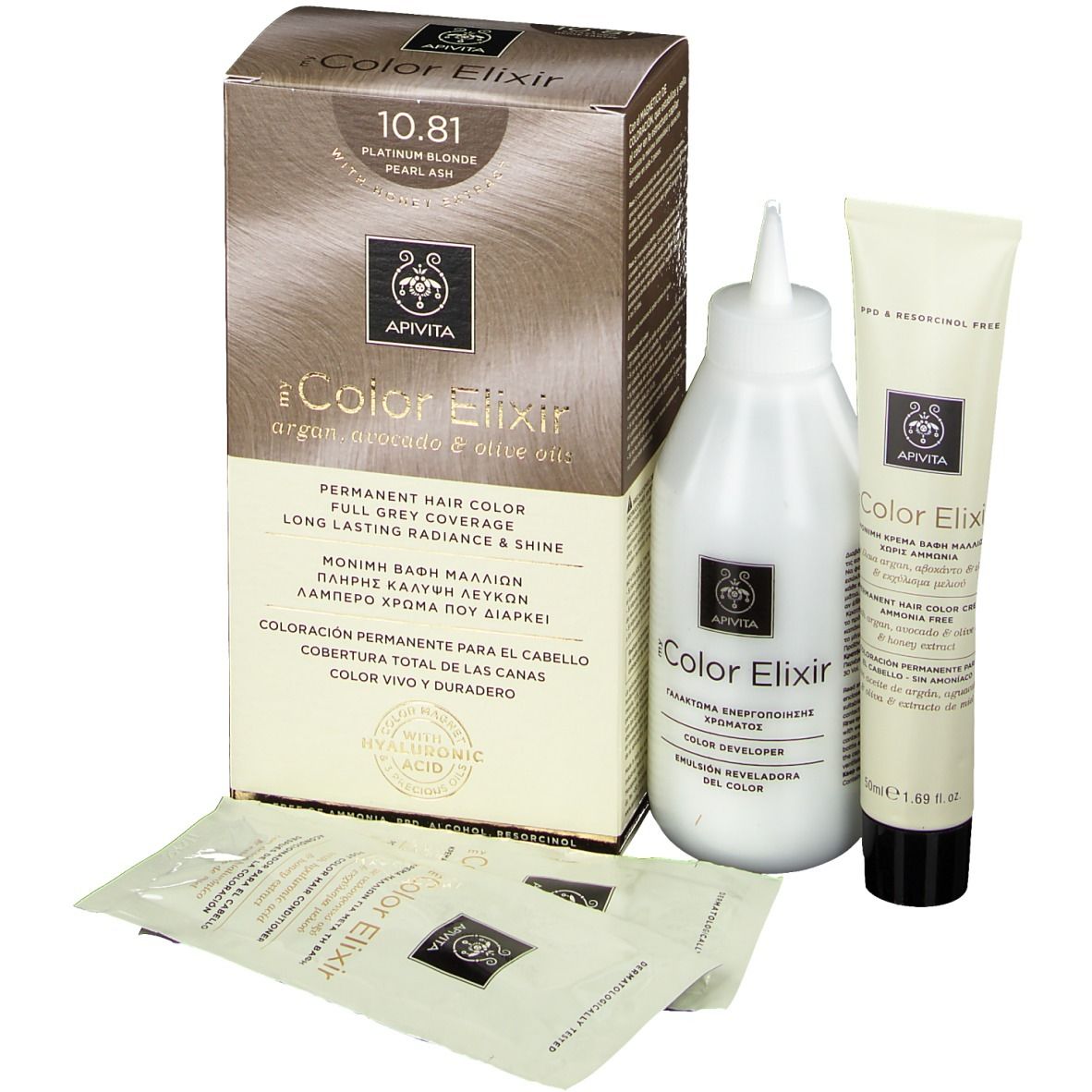 APIVITA iColor Elixir 10.81, coloration permanente. Boîte, flacon applicateur, tube et sachets. Contient de l'acide hyaluronique.