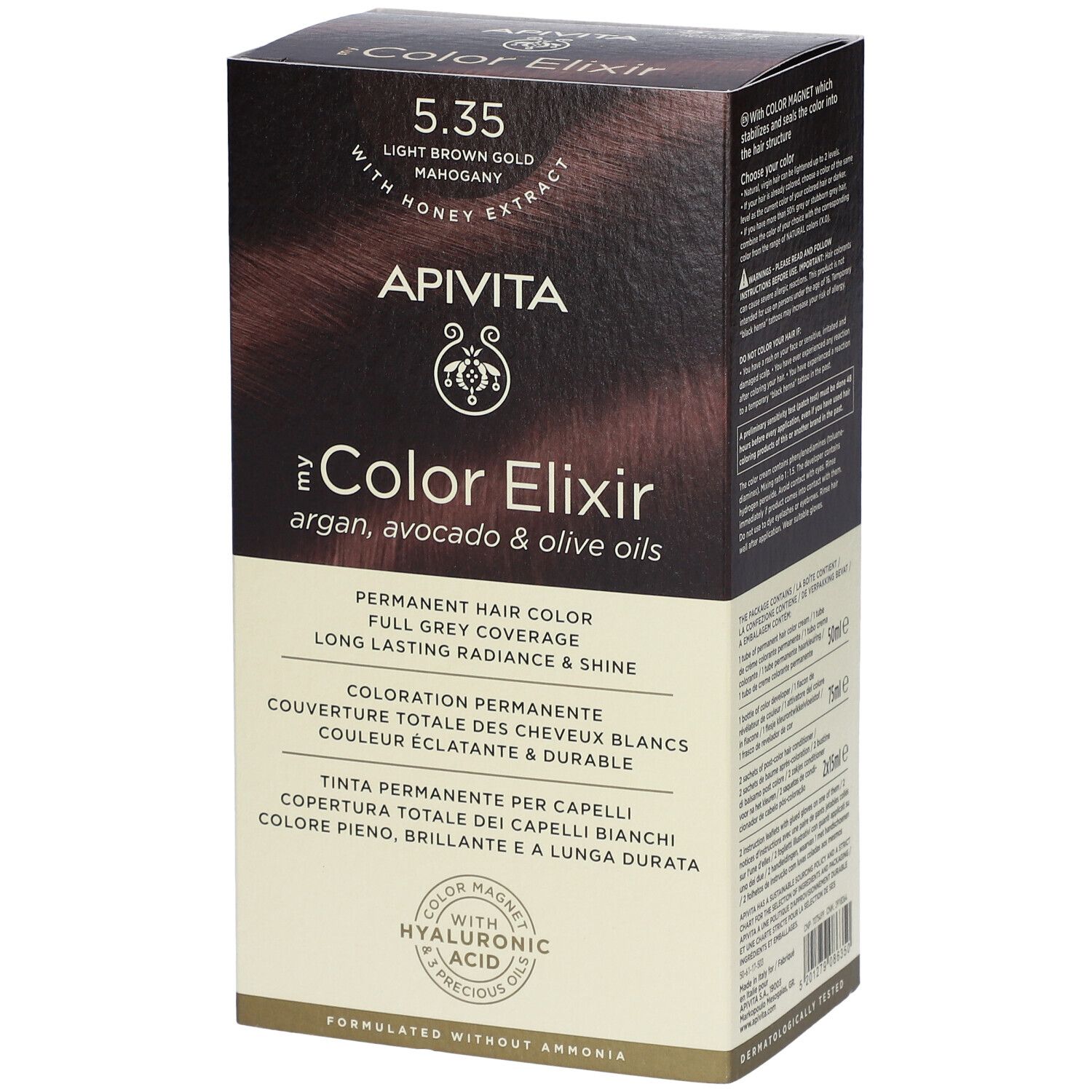 Apivita Color Elixir Haarfarbe 5.35 Hellbraun Gold Mahagoni mit Honigextrakt, Argan-, Avocado- und Olivenölen.