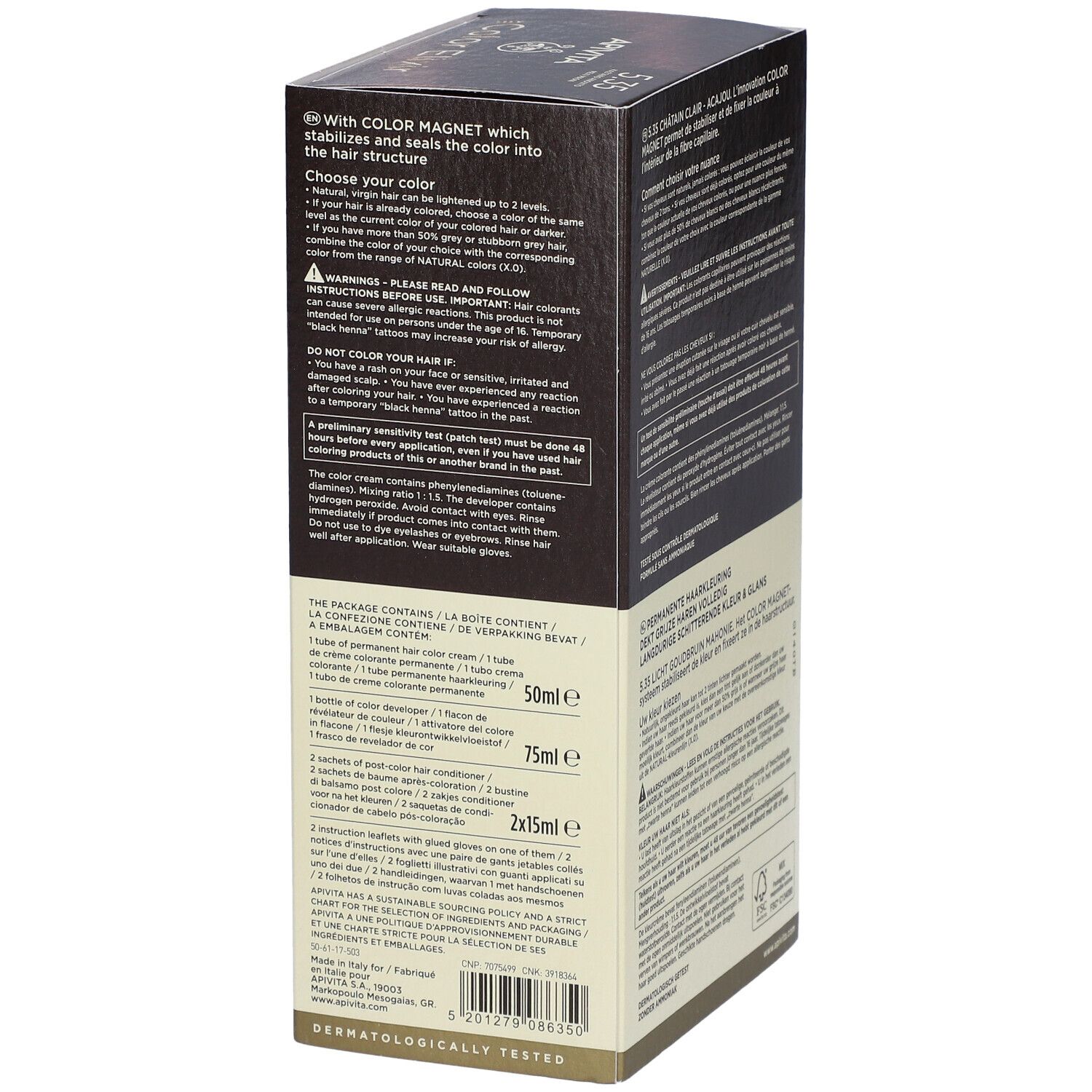 Verpackung für Haarfarbe mit COLOR MAGNET Technologie. Enthält 1x 50ml Farbcreme, 1x 75ml Entwickler, 2x 15ml Nachbehandlung.