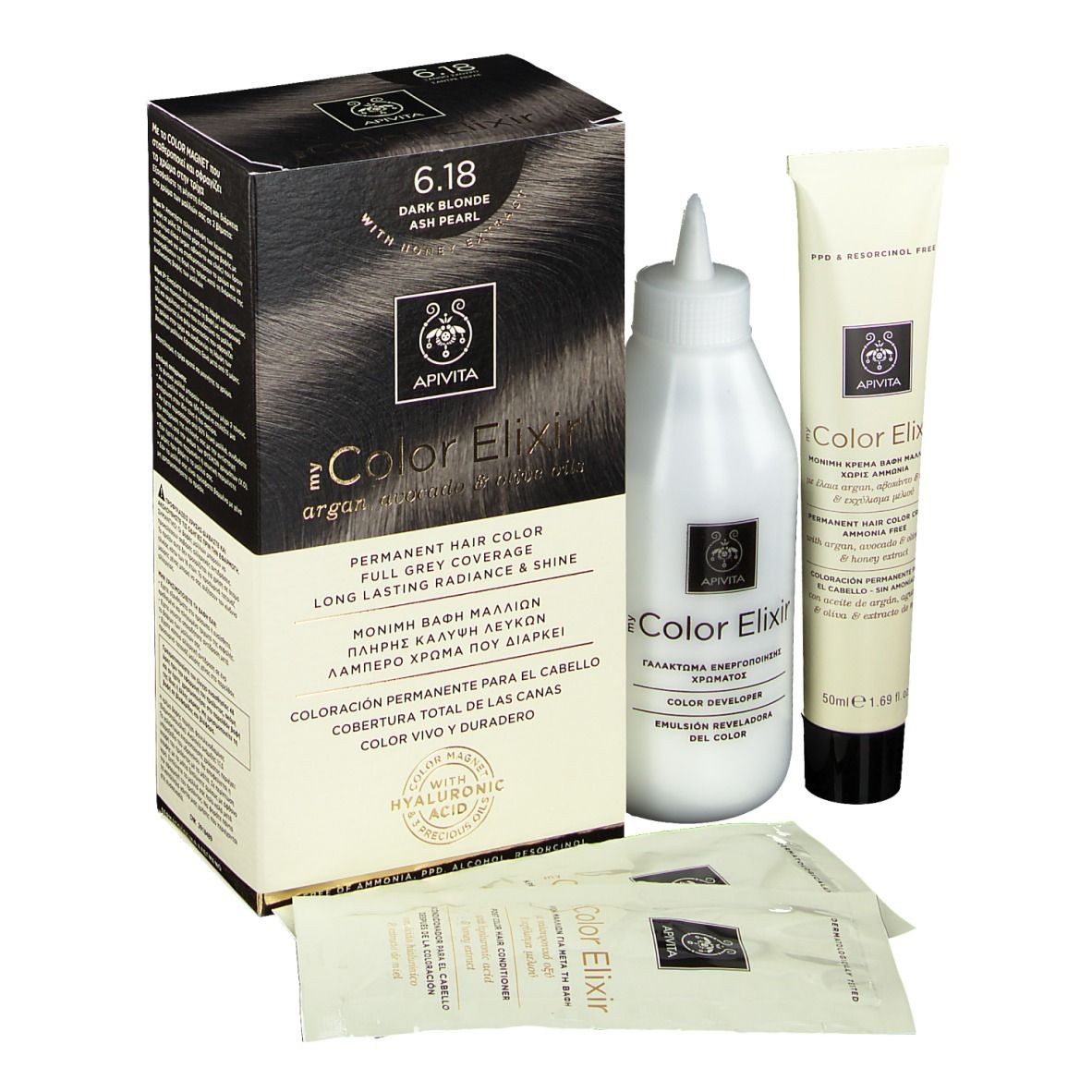 Haarfärbemittel-Set. Enthält Schachtel, Flasche, Tube und Beutel. Auf der Schachtel steht "6.18 Dunkelblond".