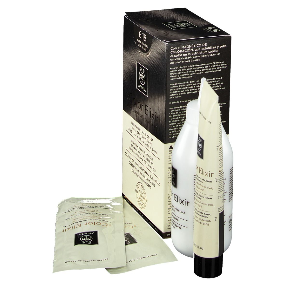 Haarfärbemittel-Set. Enthält Schachtel, Flasche, Tube und Beutel. Auf der Schachtel steht "6.18 Dunkelblond".