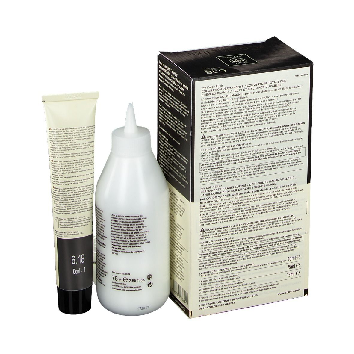 Haarfärbemittel-Set. Enthält Schachtel, Flasche und Tube. Auf der Tube steht "6.18". Rückseite der Schachtel mit Text.