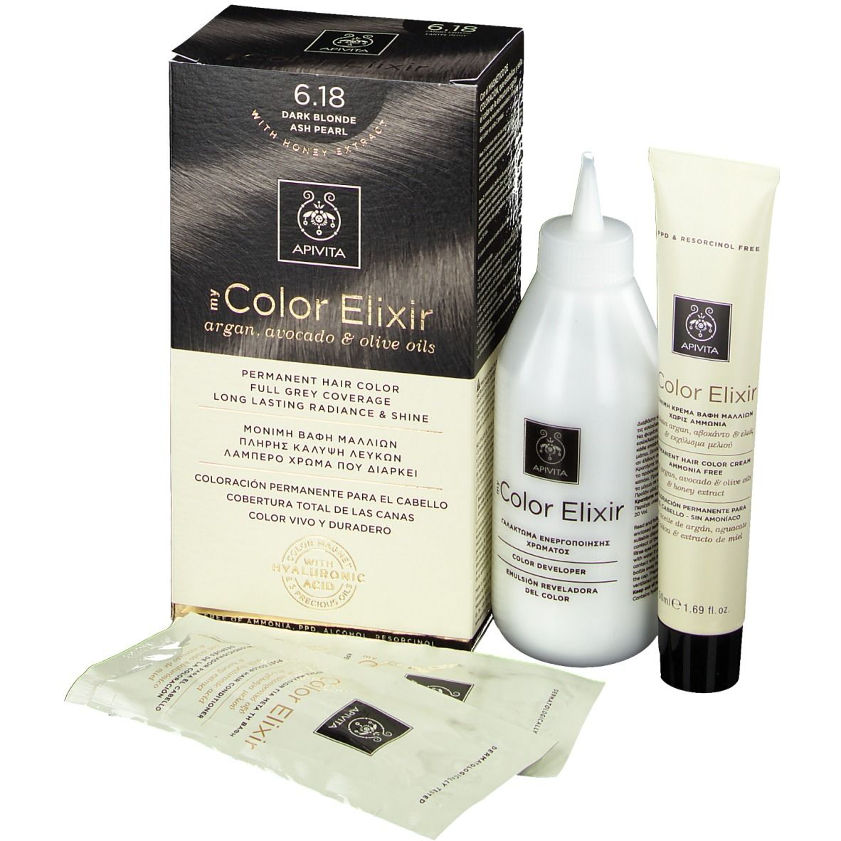 Haarfärbemittel-Set. Enthält Schachtel, Flasche, Tube und Beutel. Auf der Schachtel steht "6.18 Dunkelblond".