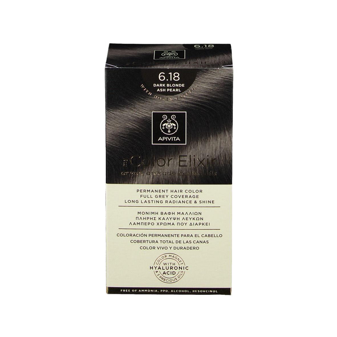 Haarfärbemittel-Schachtel. Auf der Schachtel steht "6.18 Dunkelblond".