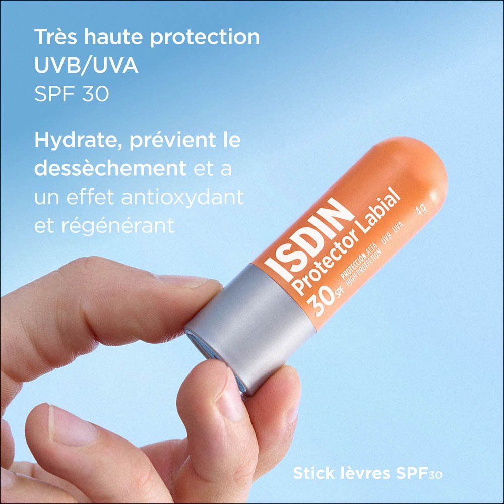 Stick à lèvres ISDIN Protector Labial 30. Orange et argenté. Texte sur le stick.