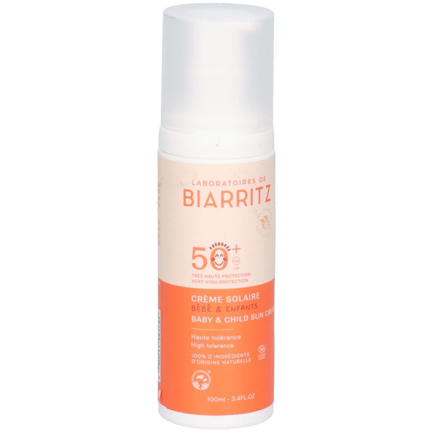 Sonnencreme-Flasche für Babys und Kinder. Weißer Deckel, orangefarbener und beiger Aufdruck. SPF 50+.