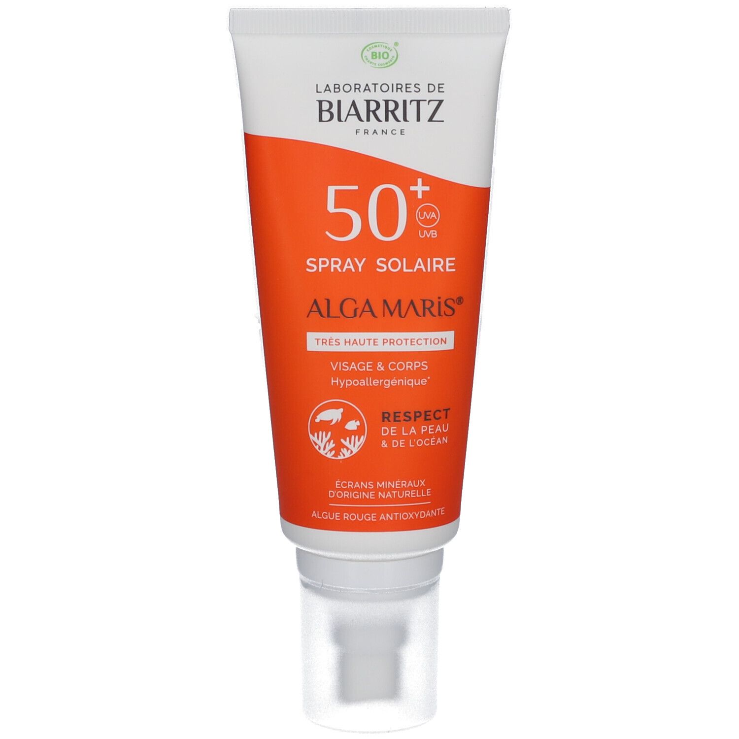 Sonnenspray Alga Maris SPF50+ von Laboratoires de Biarritz. Weiße Tube mit orangefarbener Beschriftung. Sprühkopf.