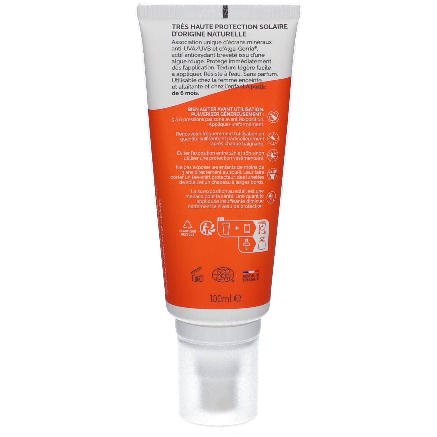 Rückseite der Alga Maris SPF50+ Sonnenspray-Tube. Text und Logos auf orangefarbenem Hintergrund. 100ml.