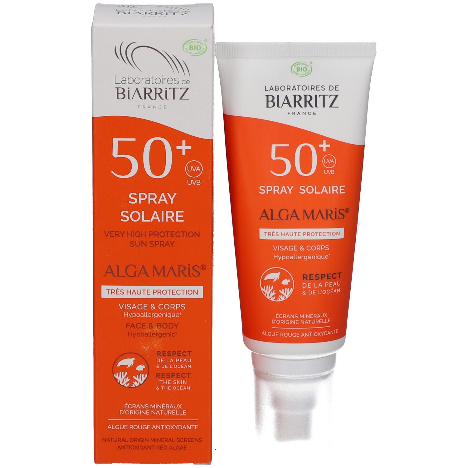 Alga Maris SPF50+ Sonnenspray und Verpackung. Weiße Tube und Schachtel mit orangefarbener Beschriftung.