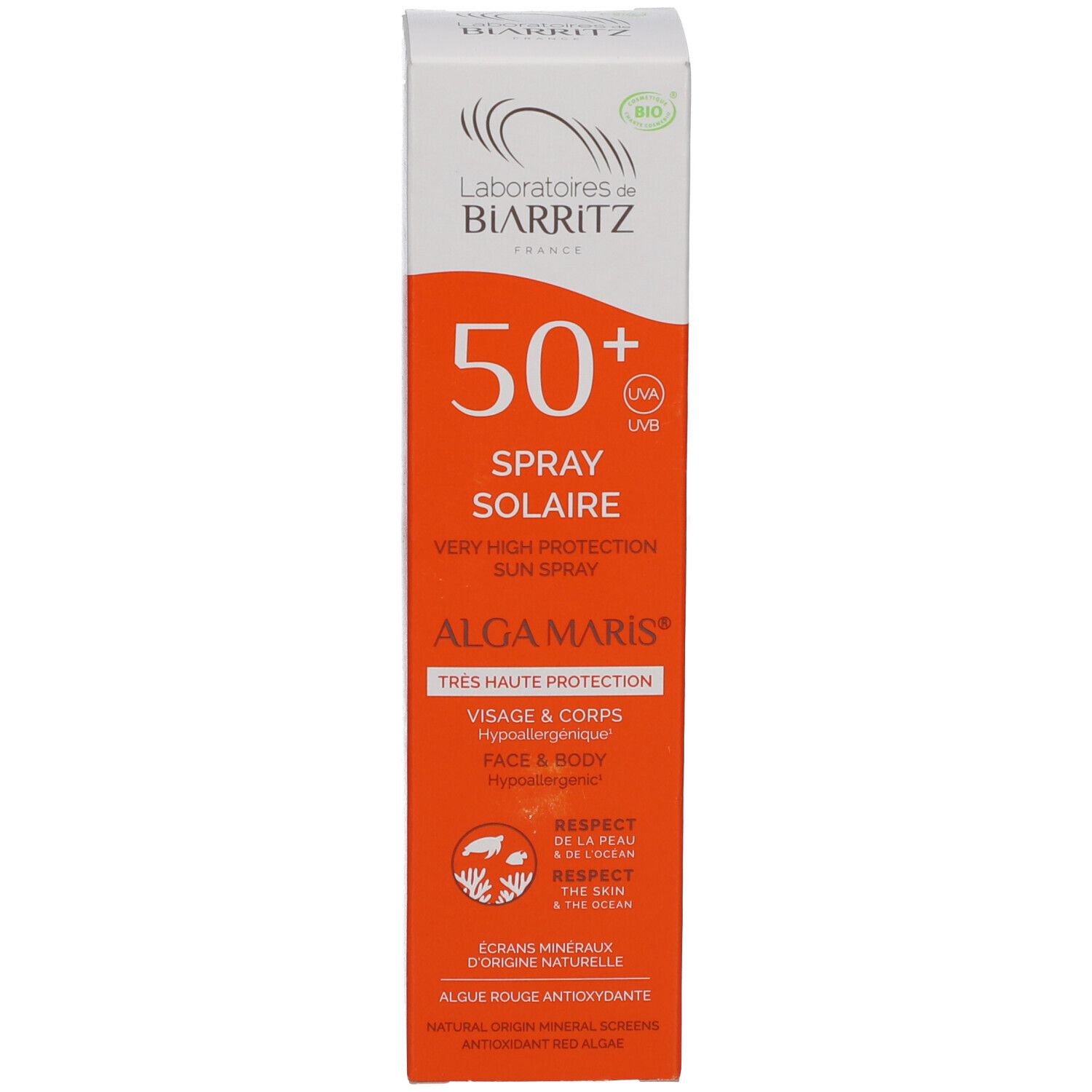 Verpackung für Alga Maris SPF50+ Sonnenspray. Weiße Schachtel mit orangefarbener Beschriftung. Text und Logos.