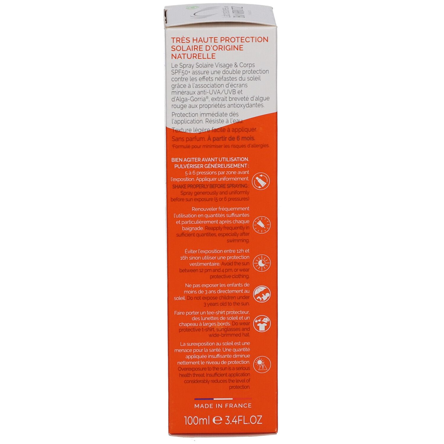 Rückseite der Verpackung für Alga Maris SPF50+ Sonnenspray. Text und Logos auf orangefarbenem Hintergrund.