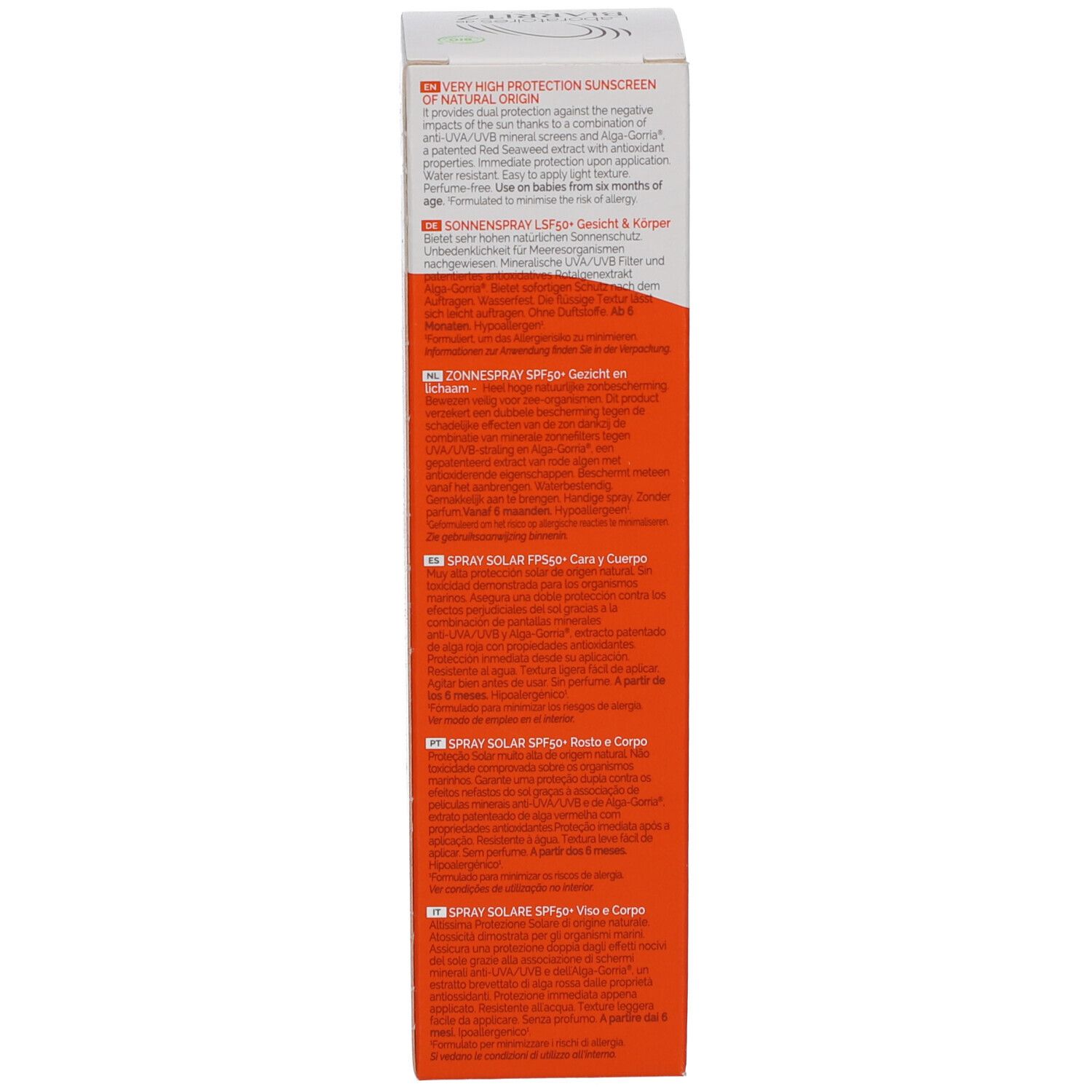 Seite der Verpackung für Alga Maris SPF50+ Sonnenspray. Mehrsprachiger Text auf orangefarbenem Hintergrund.