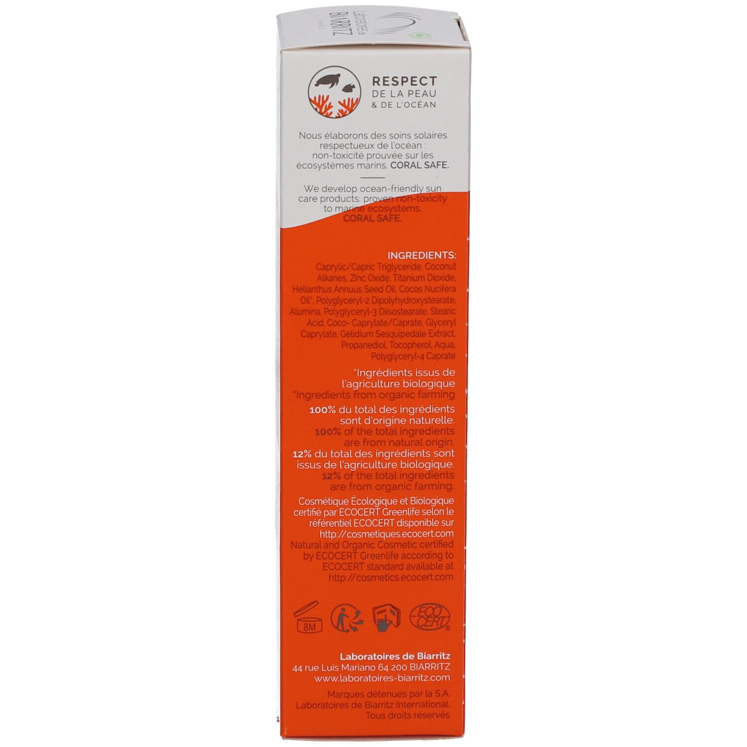 Seite der Verpackung für Alga Maris SPF50+ Sonnenspray. Inhaltsstoffe und Logos auf orangefarbenem Hintergrund.