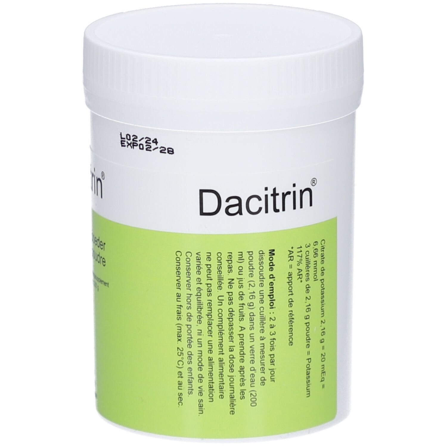 Weißer Behälter mit grünem Etikett. Aufschrift: Dacitrin. Enthält Informationen zu Inhaltsstoffen und Anwendung. Haltbarkeitsdatum.