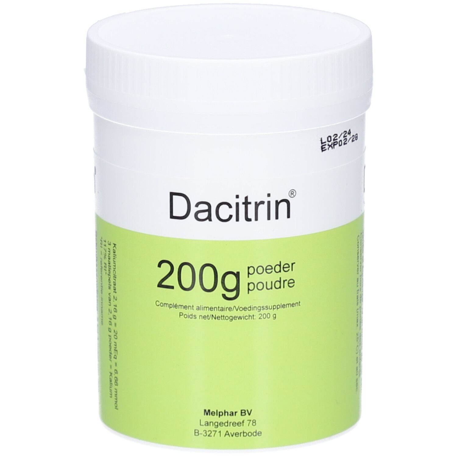 Weißer Behälter mit grünem Etikett. Aufschrift: Dacitrin, 200g Puder. Enthält Informationen zu Inhaltsstoffen und Anwendung.