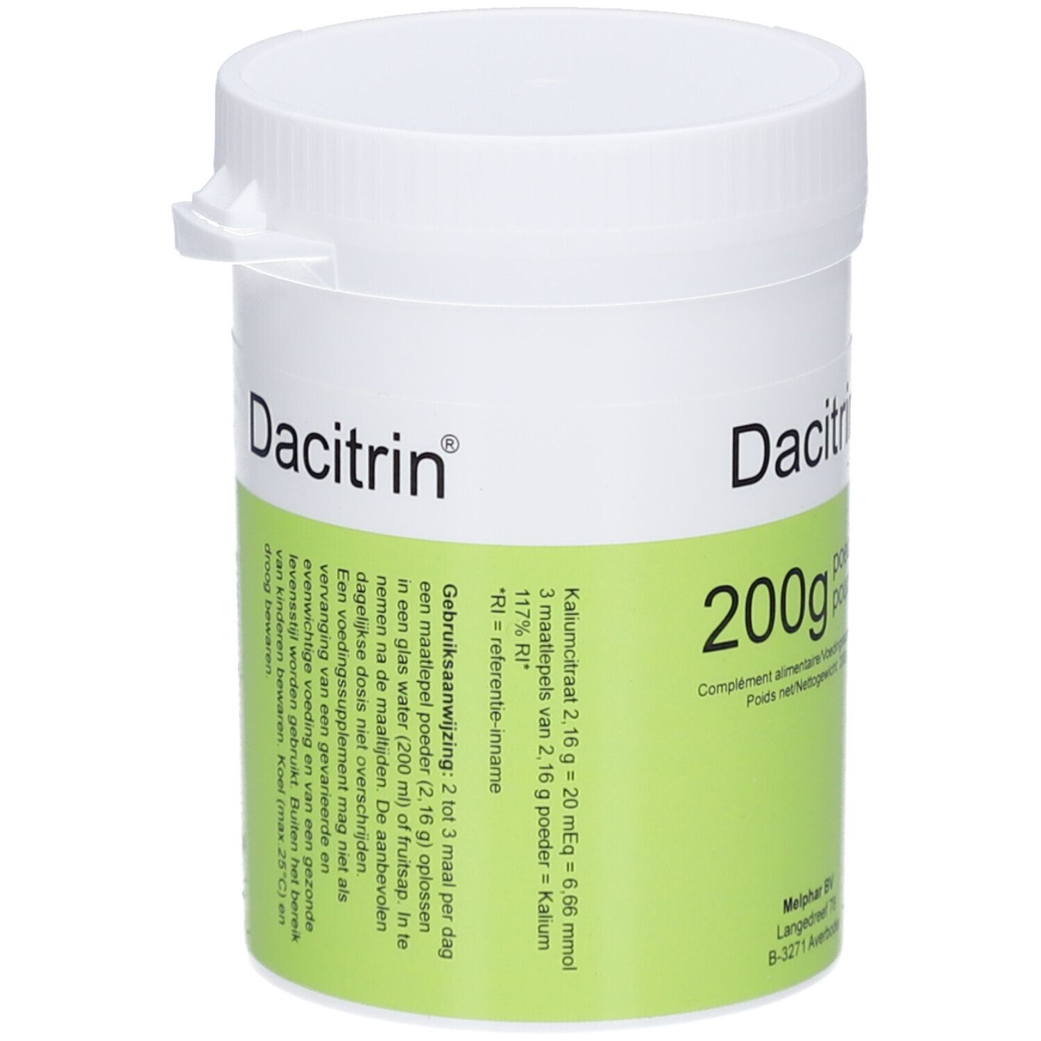 Weißer Behälter mit grünem Etikett. Aufschrift: Dacitrin, 200g Puder. Enthält Informationen zu Inhaltsstoffen und Anwendung.