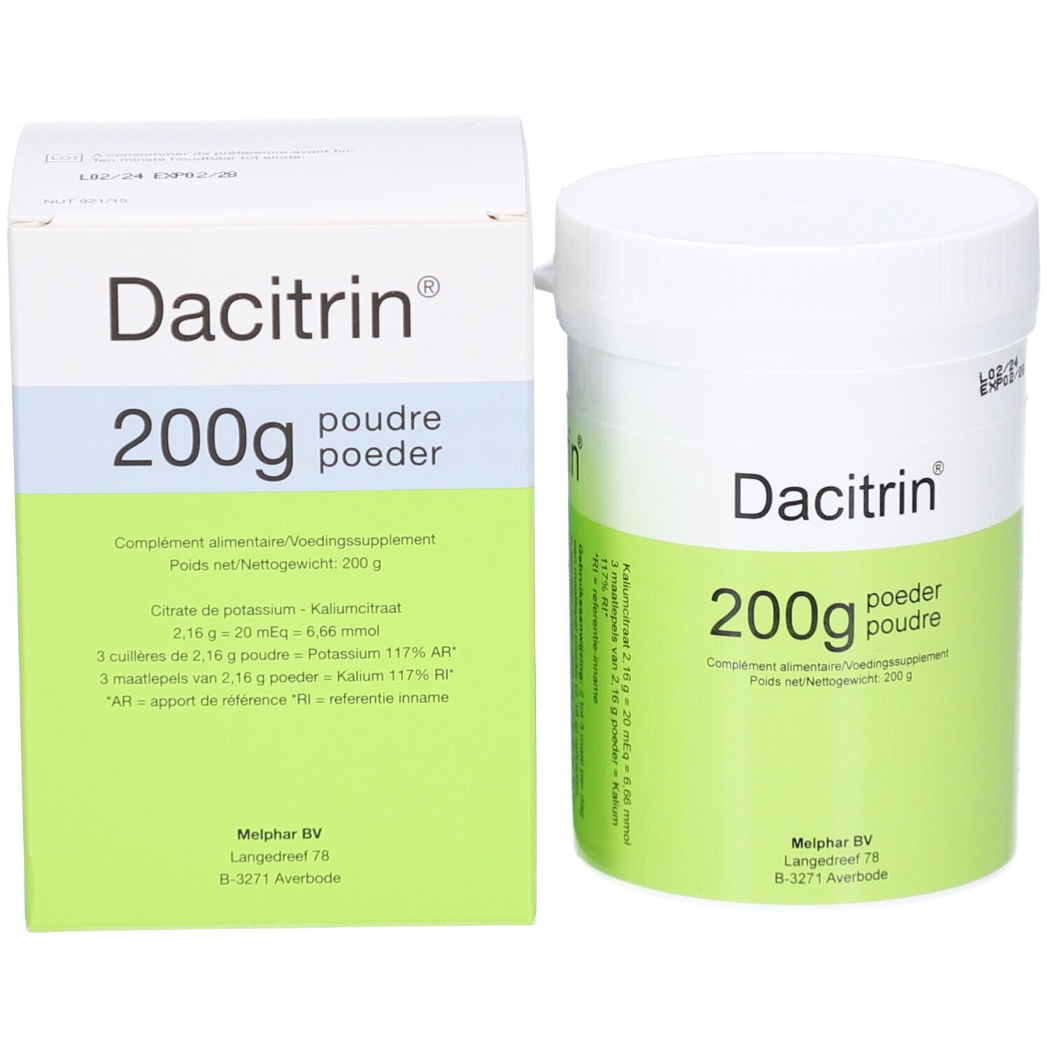 Produktpackung mit Dose und Karton. Aufschrift: Dacitrin, 200g Puder. Enthält Informationen zu Inhaltsstoffen und Anwendung.