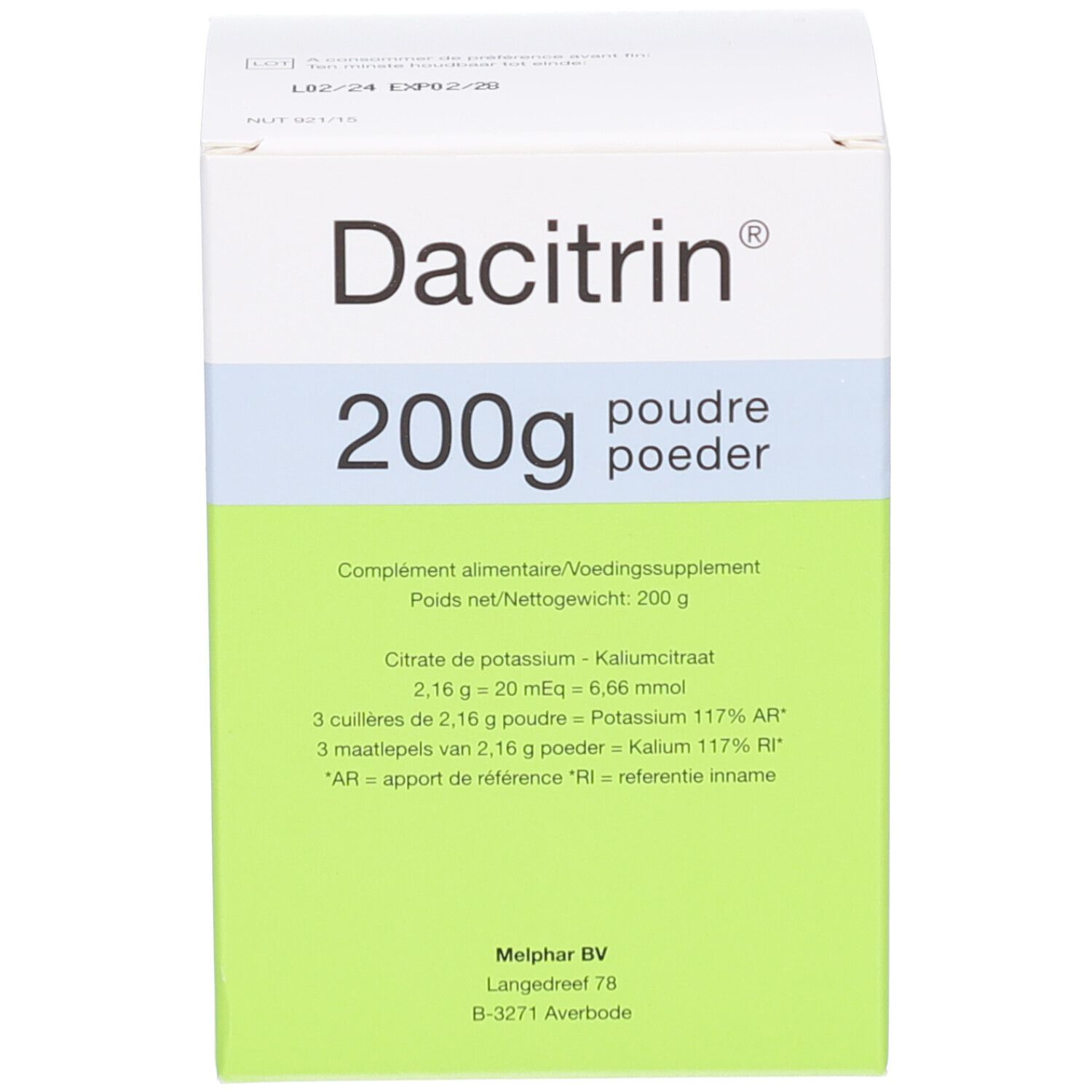 Kartonverpackung mit Aufschrift: Dacitrin, 200g Puder. Enthält Informationen zu Inhaltsstoffen und Anwendung.