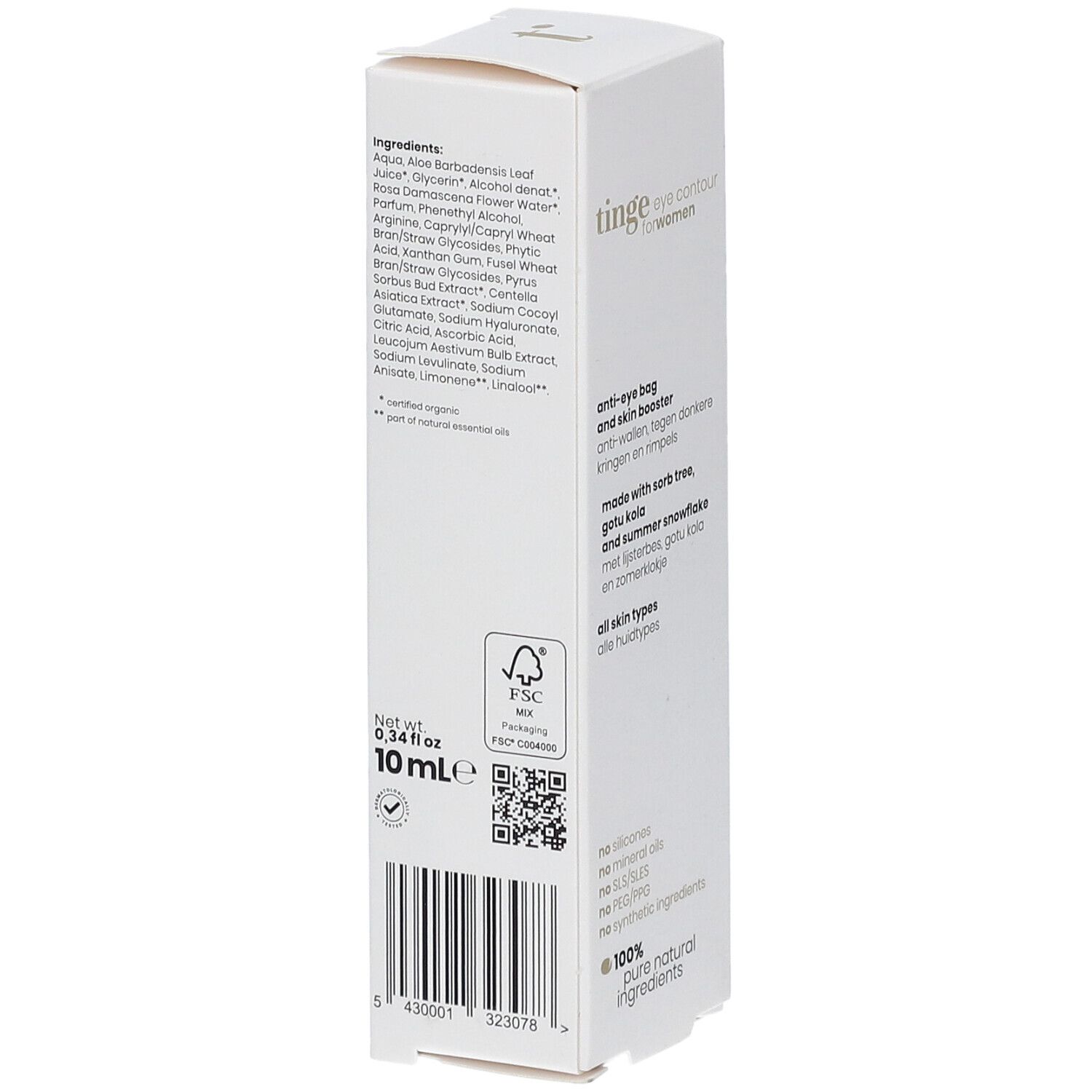 Tinge Eye Contour for women Umverpackung, Rückseite mit Inhaltsstoffen.
